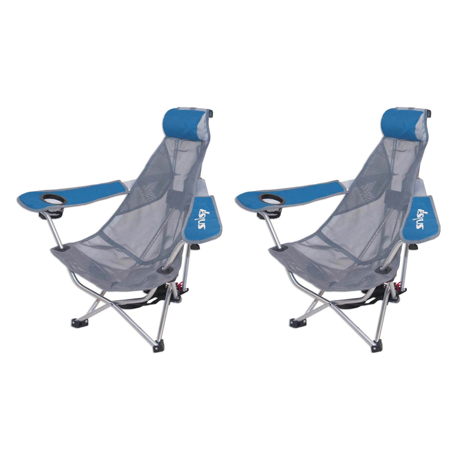 Kelsyus Mesh Folding Backpack Beach Chair w/Headrest & Cup Holder, Blue (2 Pack)