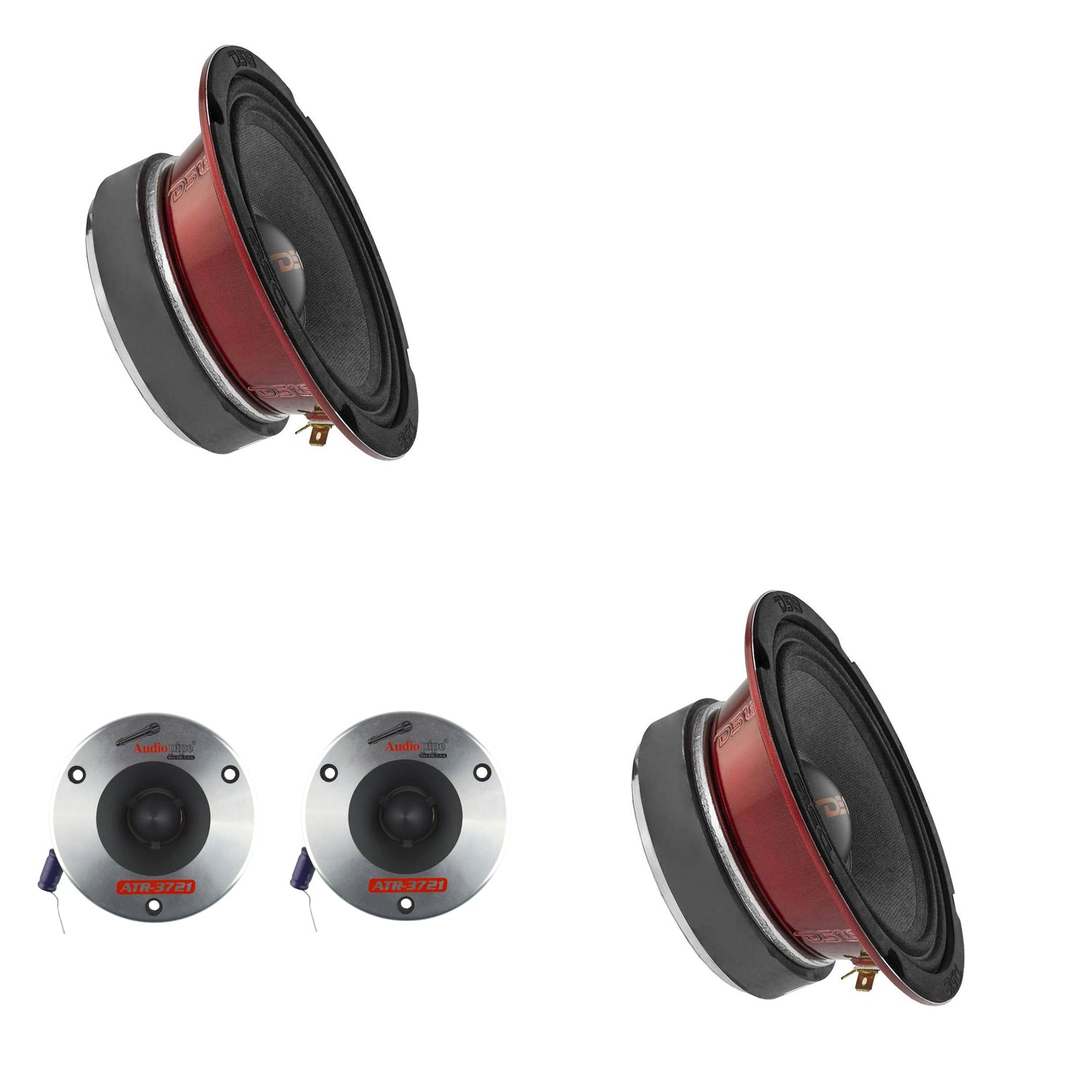 DS18 Pro X Mid Range Car Door Speaker Pair and Titanium Car Bullet Tweeter Pair