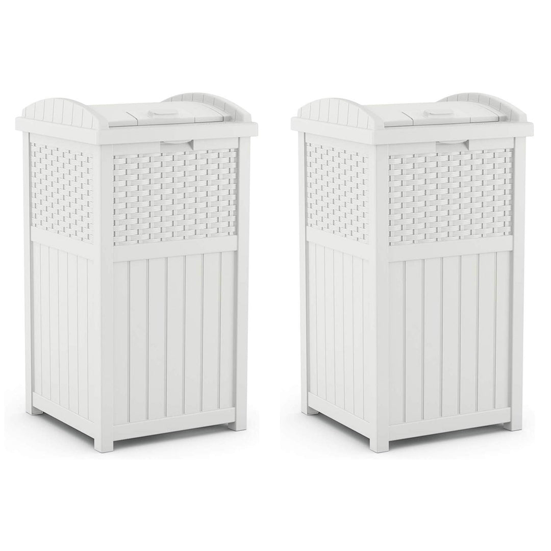 Suncast Wicker Resin Outdoor Hideaway Trash Can Bin with Latching Lid (2 Pack)