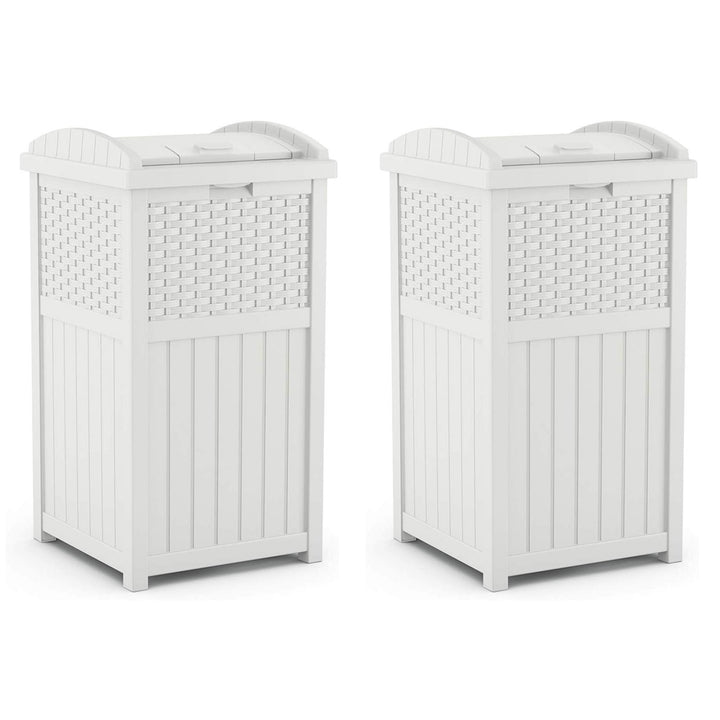 Suncast Wicker Resin Outdoor Hideaway Trash Can Bin with Latching Lid (2 Pack)