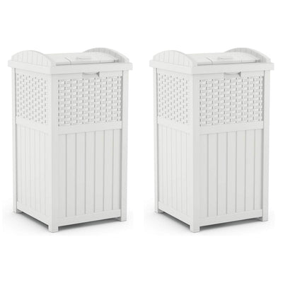 Suncast Wicker Resin Outdoor Hideaway Trash Can Bin with Latching Lid (2 Pack)