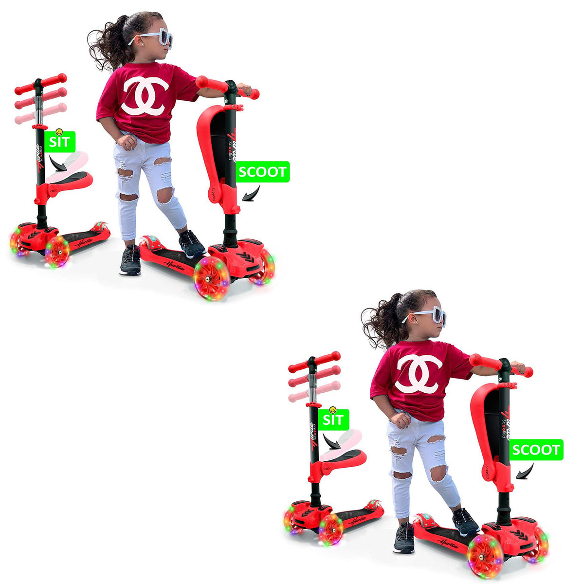 Hurtle ScootKid 3 Wheel Toddler Ride On Toy Scooter w/ LED Wheels, Red (2 Pack)
