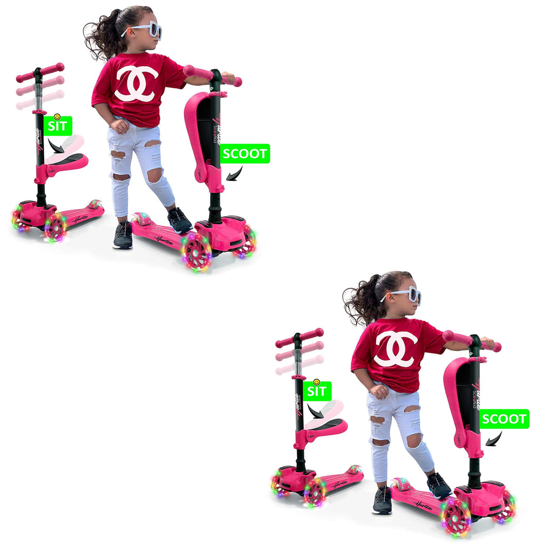 Hurtle ScootKid 3 Wheel Toddler Child Ride On LED Wheel Scooter, Pink (2 Pack)