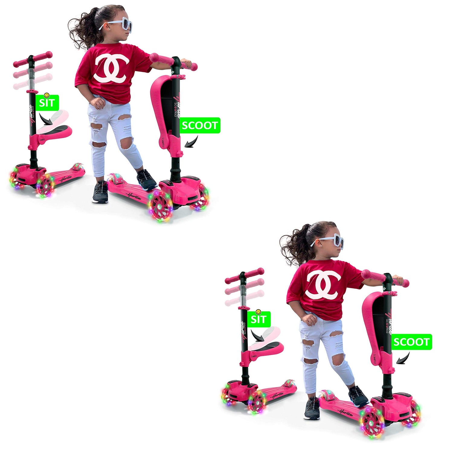 Hurtle ScootKid 3 Wheel Toddler Child Ride On LED Wheel Scooter, Pink (2 Pack) - VMInnovations