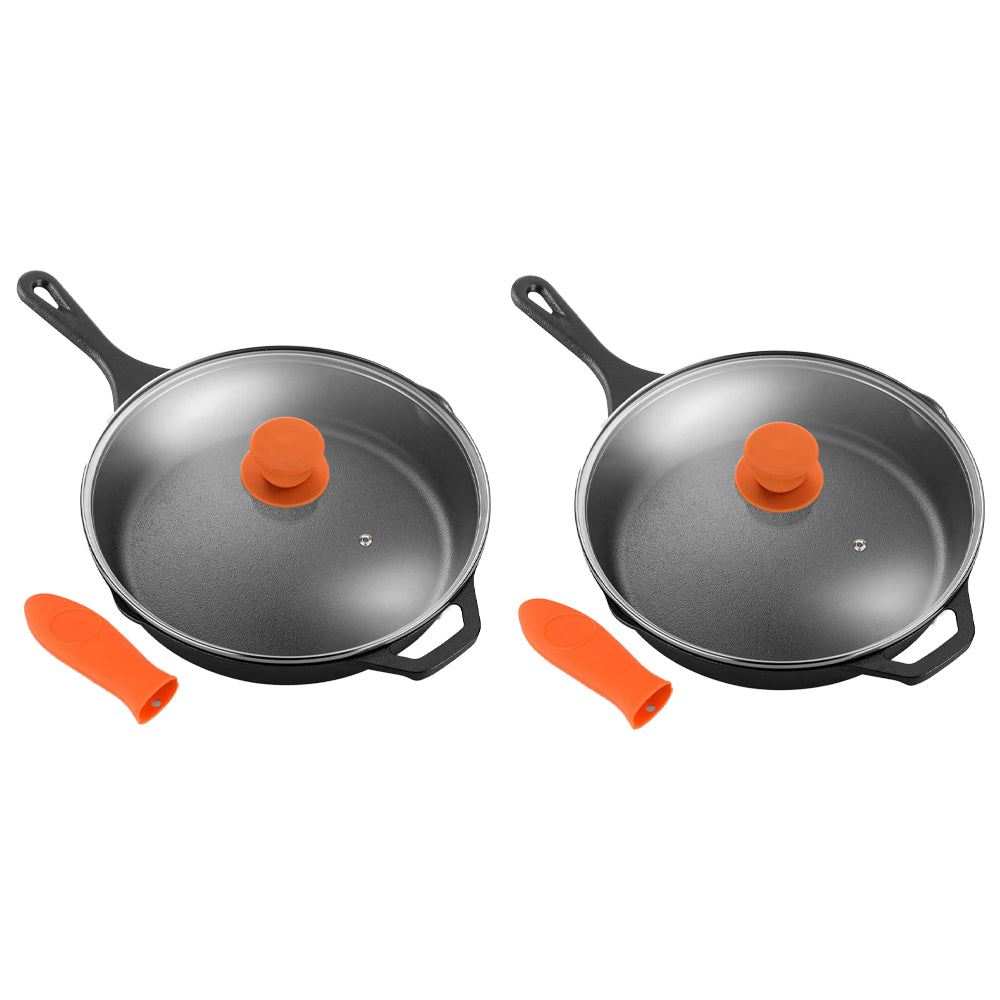 NutriChef 12" Pre Seasoned Nonstick Cast Iron Frying Pan w/ Lid & Cover (2 Pack)
