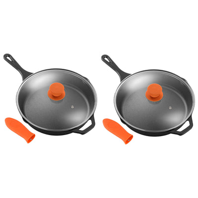 NutriChef 12" Pre Seasoned Nonstick Cast Iron Frying Pan w/ Lid & Cover (2 Pack)