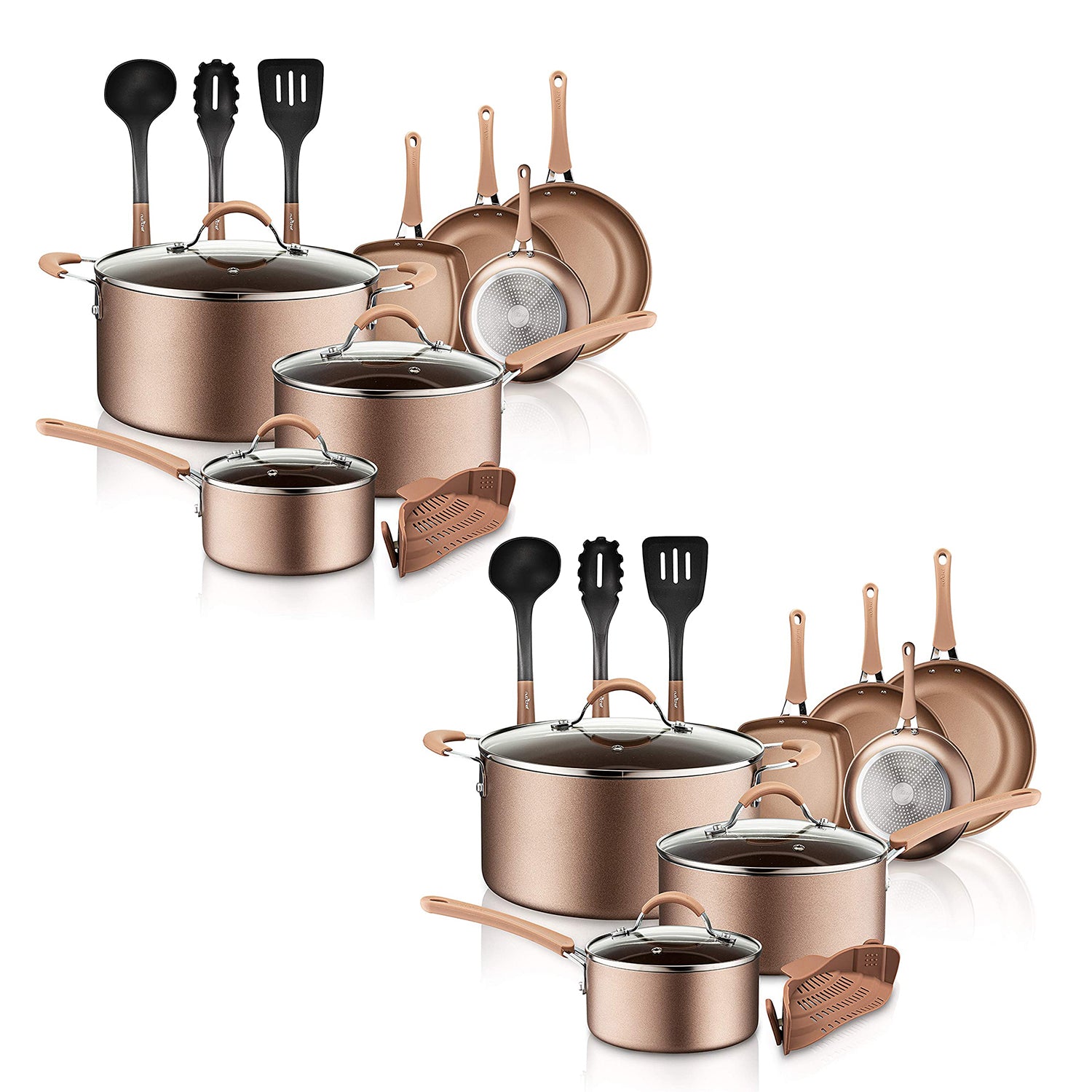 NutriChef Nonstick Kitchen Cookware Pots and Pans, 14 Piece Set, Bronze (2 Pack)