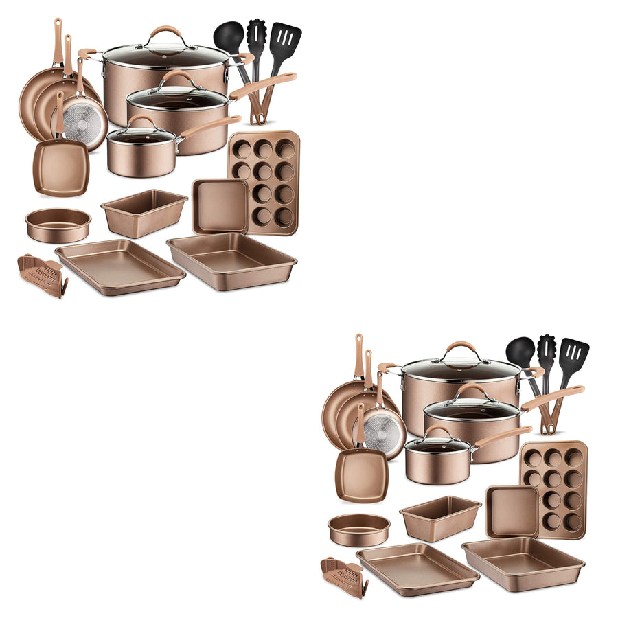 NutriChef 20 Piece Nonstick Kitchen Cookware Pots & Pans Set, Bronze (2 Pack) - VMInnovations