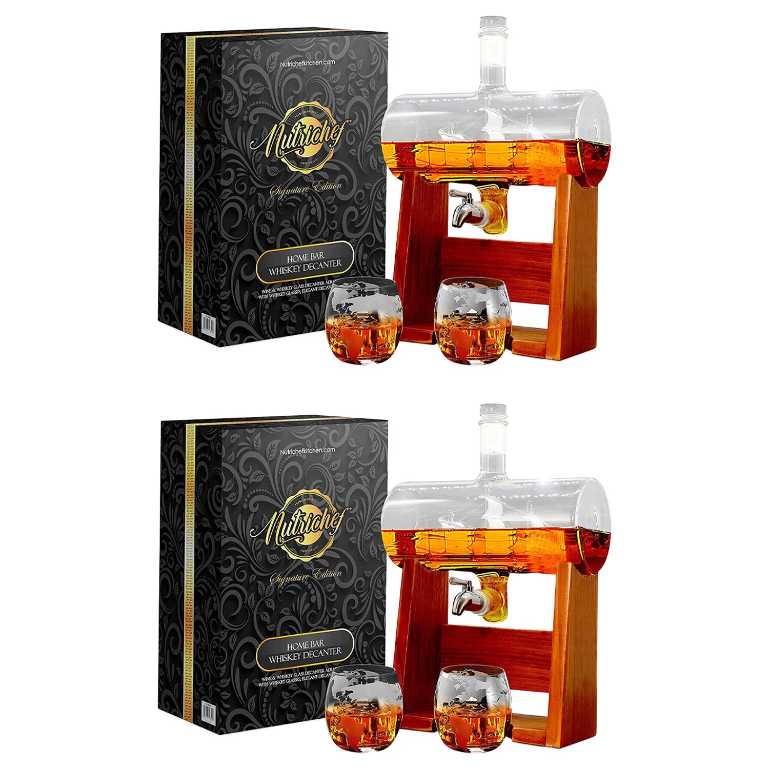 NutriChef Home Bar Glass Barrel Whiskey Carafe Alcohol Decanter Set (2 Pack)