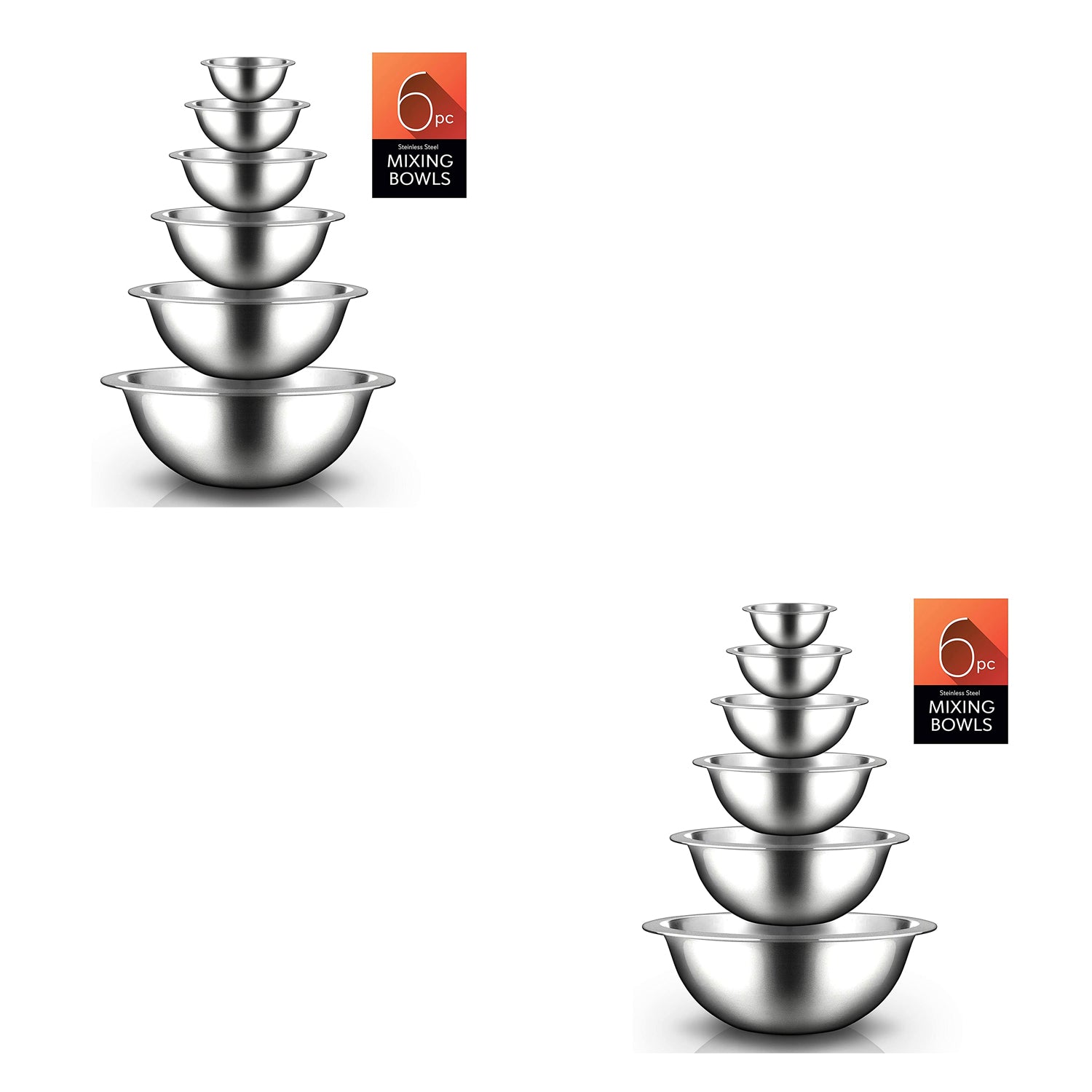 NutriChef 6 Piece Stainless Steel Home Kitchen Mixing Serving Bowl Set (2 Pack)