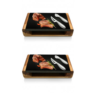 NutriChef Hot Lava Stone Sizzling Grill Wood Tray Platter with Knives (2 Pack)