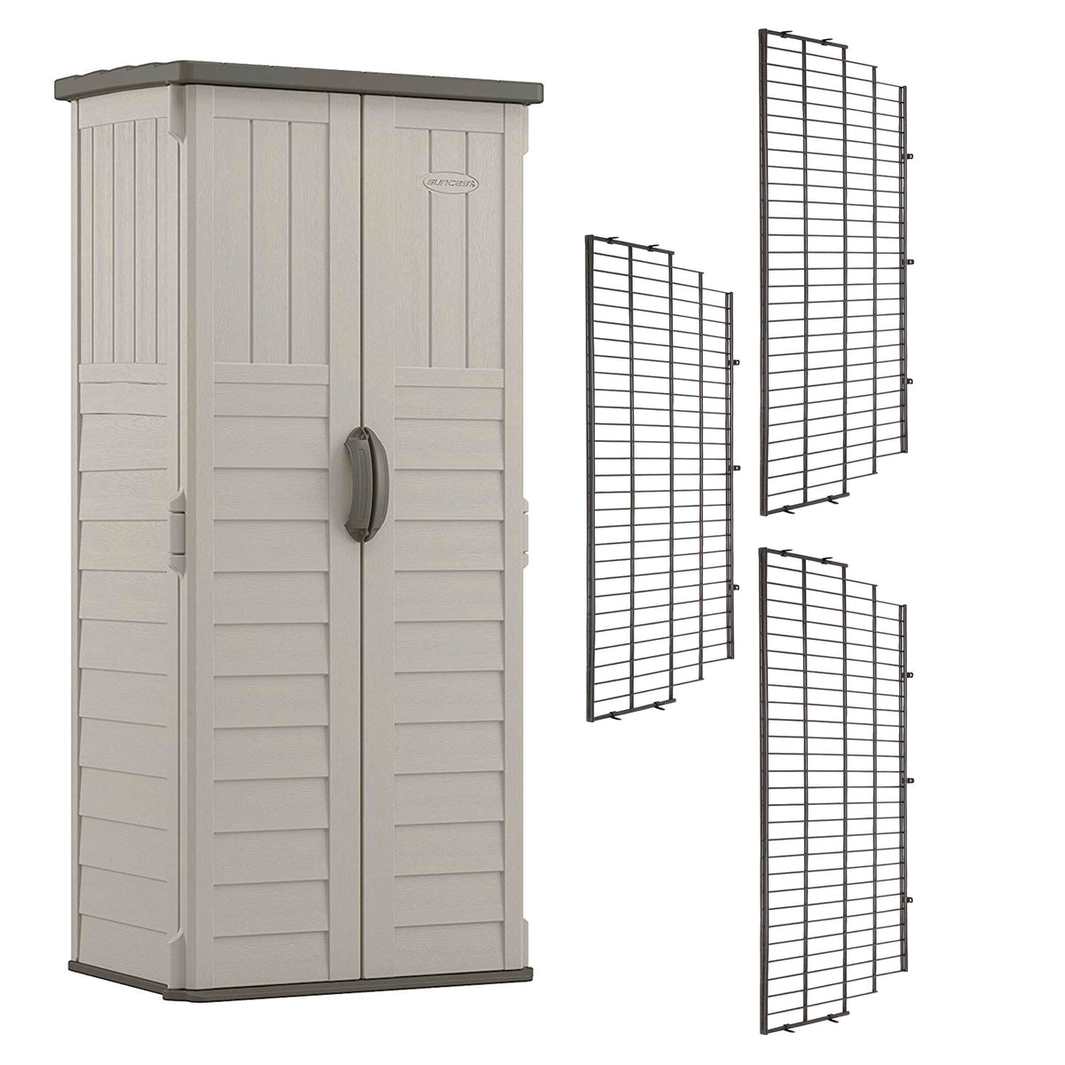 Suncast Vertical Storage Shed Bundled w/ Metal Wire Shelf Rack Shelving (3 Pack)