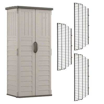 Suncast Vertical Storage Shed Bundled w/ Metal Wire Shelf Rack Shelving (3 Pack)