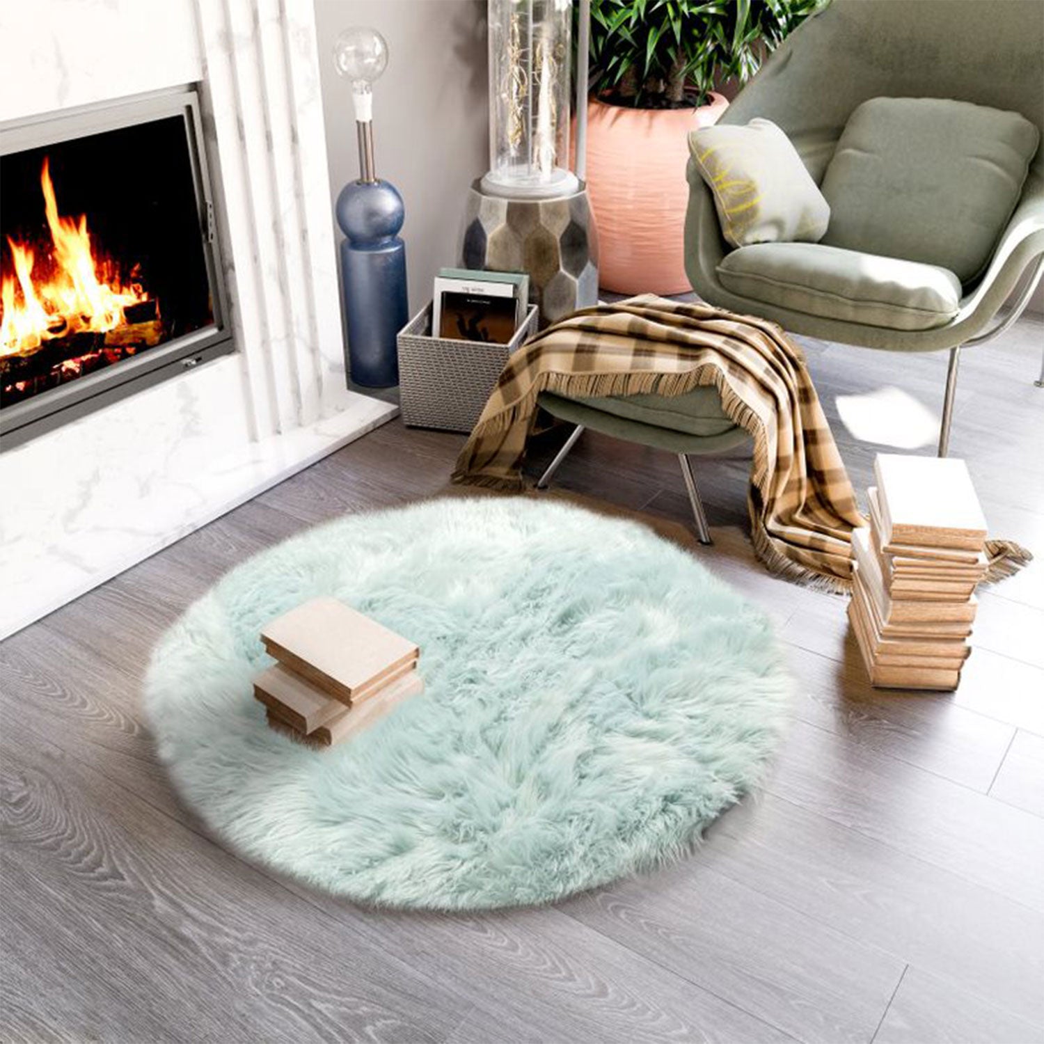 Super Area Rugs Round 3 Foot Plush Soft Faux Fake Sheepskin Fur Shag Rug, Teal (Refurbished)