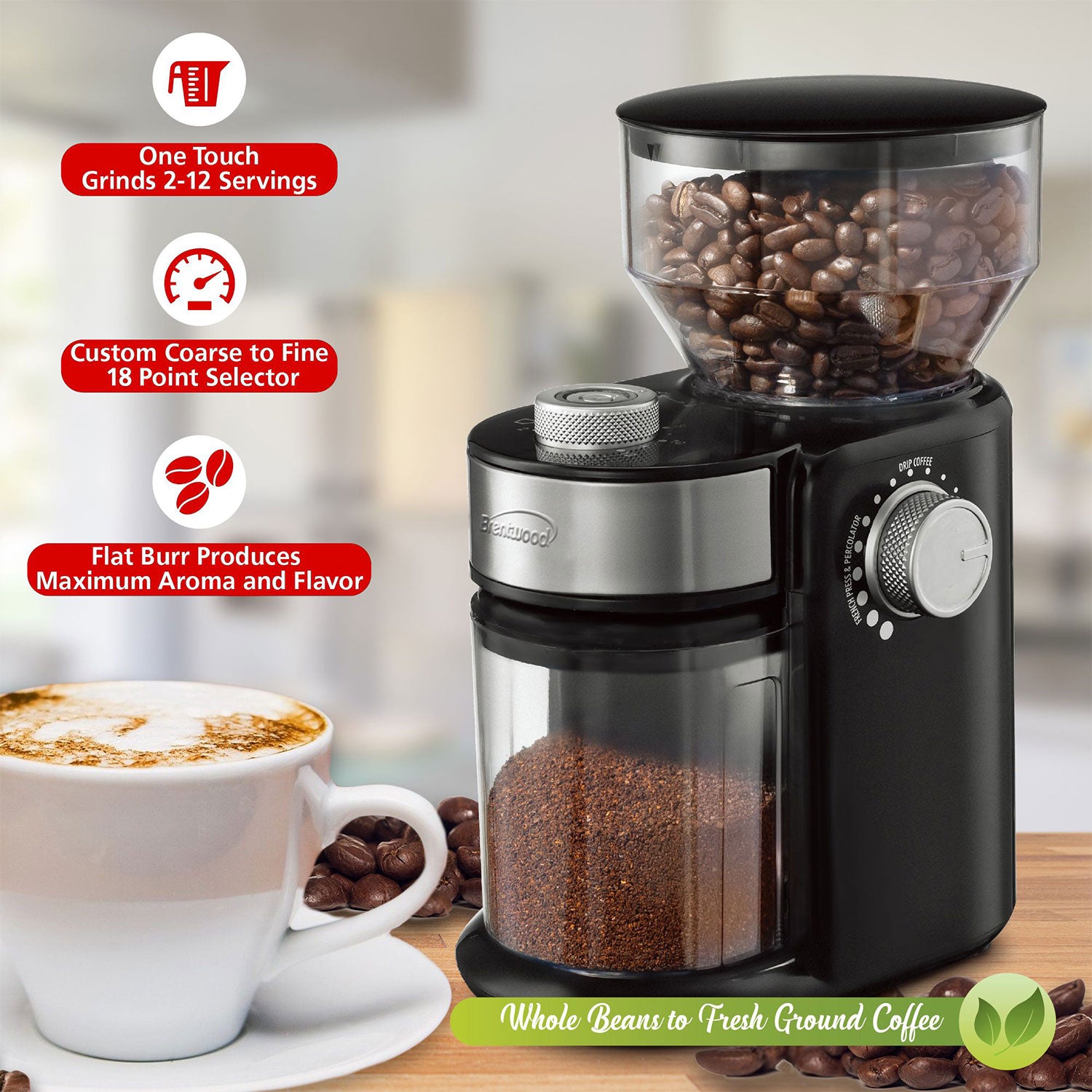 Brentwood 9oz Automatic Burr Coffee Bean Blender Grinder Machine, Black(Used) - VMInnovations
