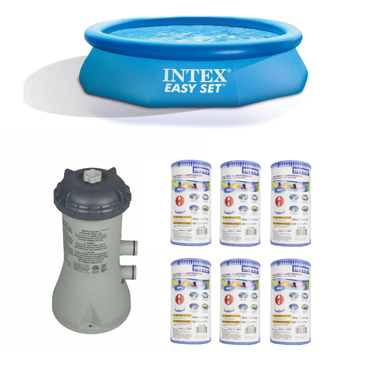 Intex 10’x30’x30” Inflatable Pool, 1000 GPH Cartridge Pump, Filters (6 Pack)