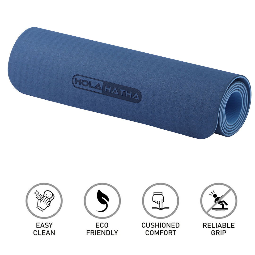 HolaHatha 72 x 24" Double Sided 0.25" Thick Non Slip Home Workout Yoga Mat, Blue