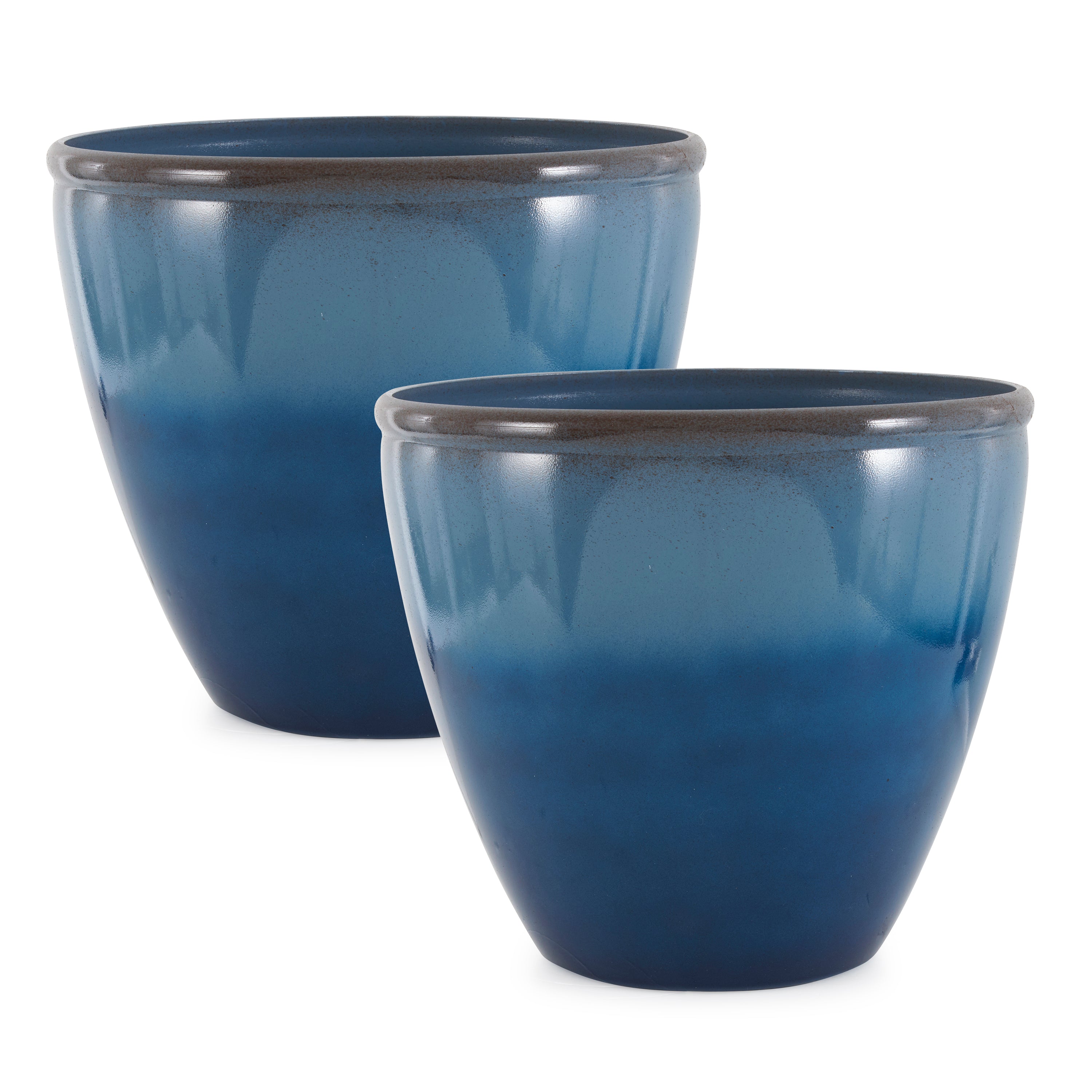 Suncast Seneca 16 Inch Ombre Decorative Resin Planter Pot, Blue/Brown (2 Pack)