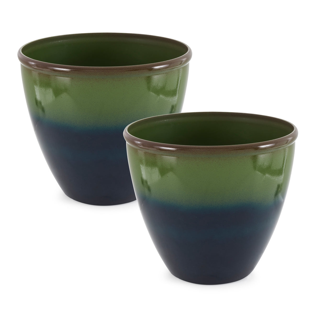 Suncast Seneca 16" Ombre Resin Plant Flower Planter Pot, Green/Blue (2 Pack)