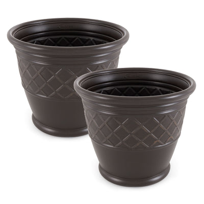 Suncast Atlin 18 Inch Resin Round Decorative Flower Pot Planter, Java (2 Pack) - VMInnovations