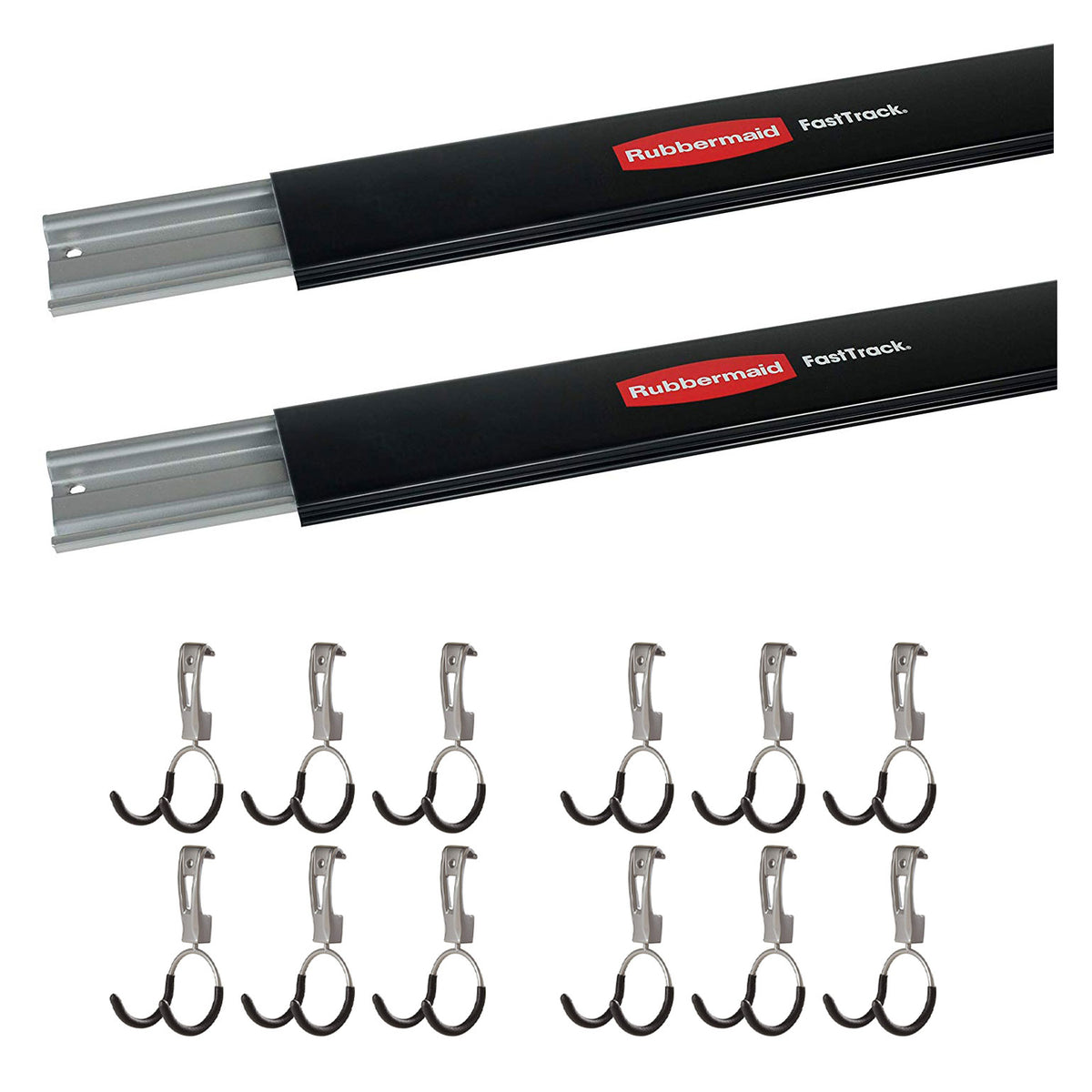 Rubbermaid 48 Inch Wall Storage Rail (2 Pack) & Hanging Garage Hook (12 Pack)