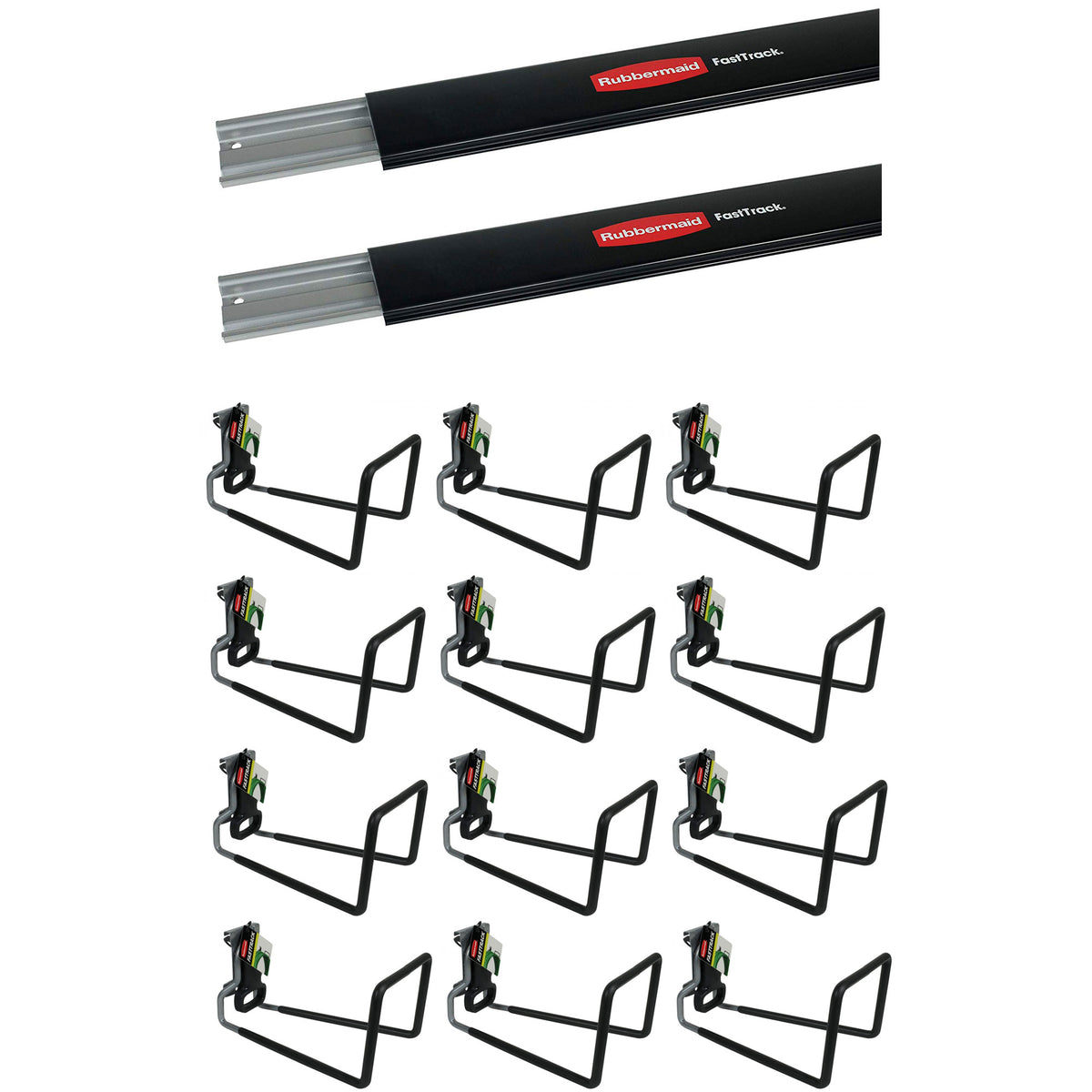 Rubbermaid Fast Track Wall Mounted Storage Rail (2 Pack) & Hose Hooks (12 Pack)