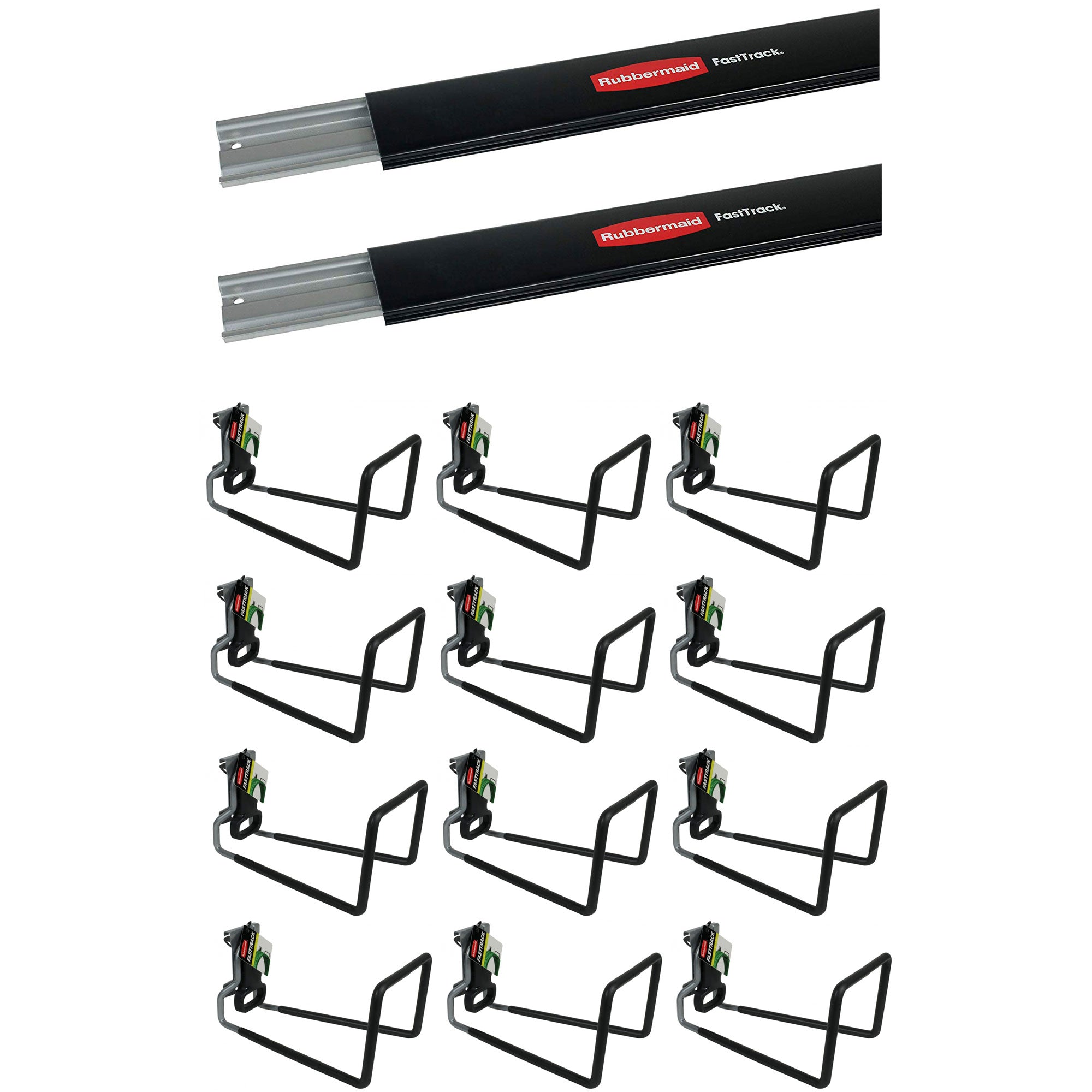 Rubbermaid Fast Track Wall Mounted Storage Rail (2 Pack) & Hose Hooks (12 Pack) - VMInnovations