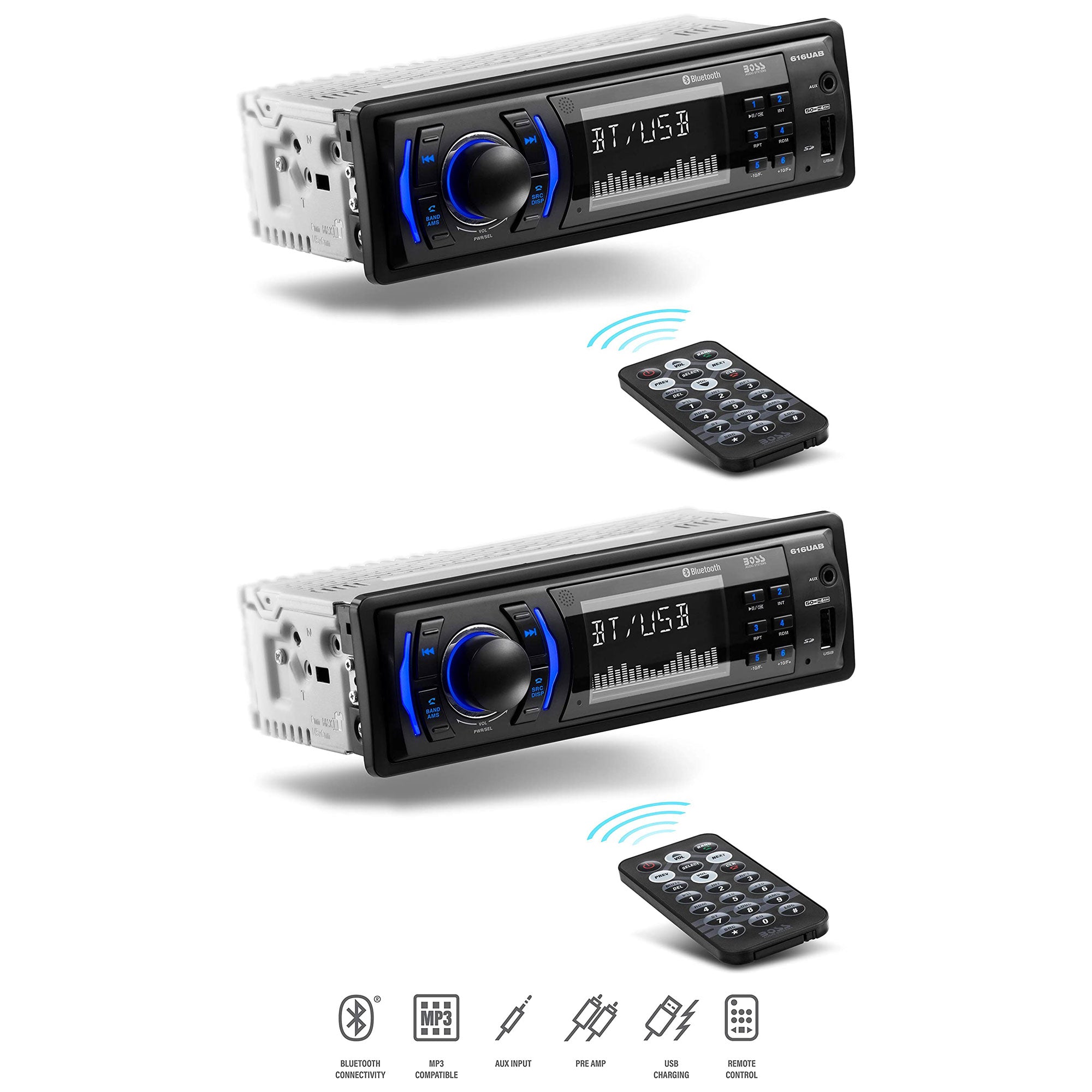 Boss 616UAB Single Din USB/SD AUX Bluetooth Radio Car Stereo Receiver (2 Pack)