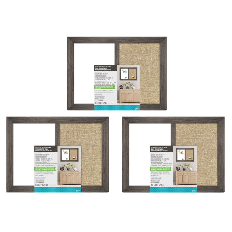 The Board Dudes 17 Inch Combo Dry Erase & Burlap Board w/ Mounting Gear (3 Pack)