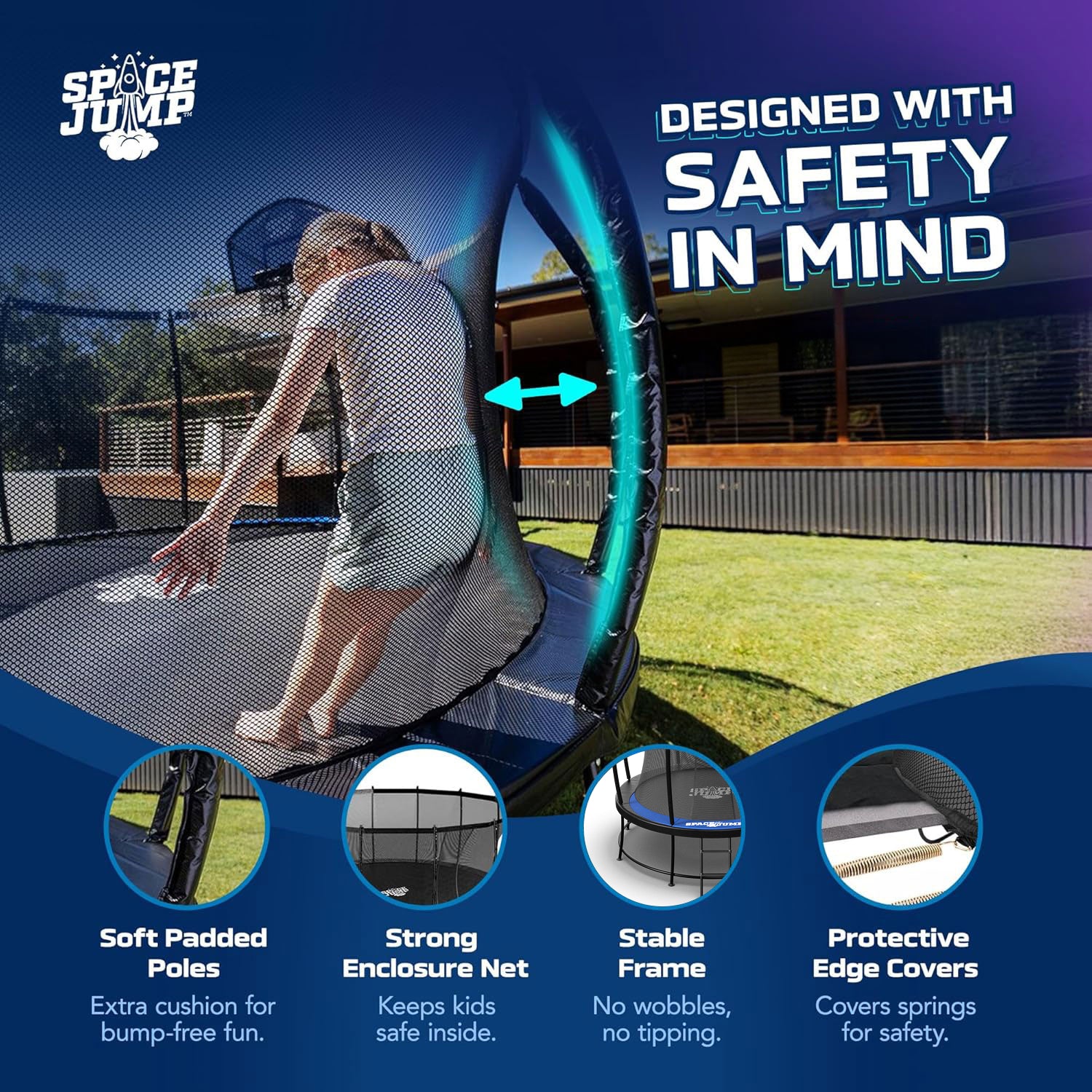SpaceJump Astro 10 Ft Trampoline, Round Outdoor Bounce Pad w/ Safety Net, Black