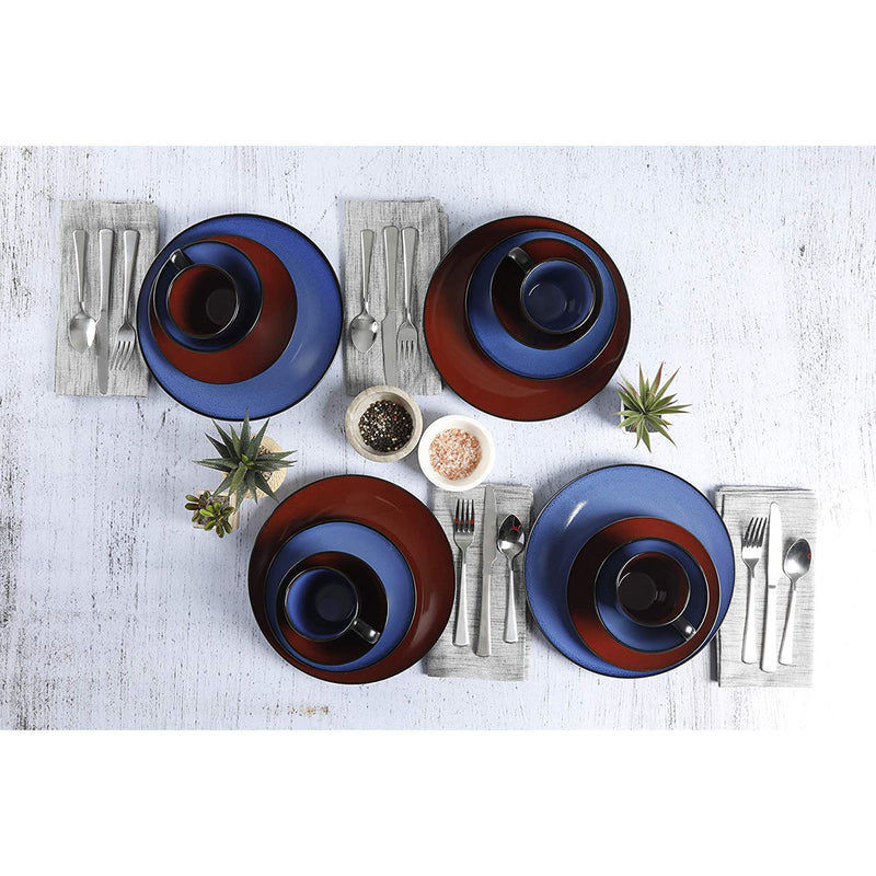 Gibson Soho Lounge 16 Piece Round Glaze Dinnerware Plates, Bowls, & Mugs, Blue