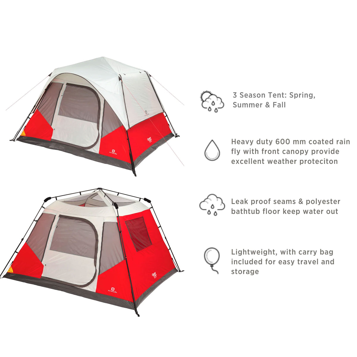 Outbound QuickCamp 6 Person 3 Season Cabin Tent with Rainfly and Carry Bag, Red