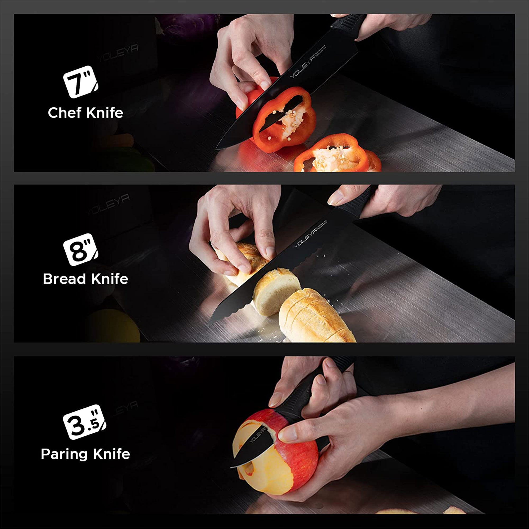 YOLEYA 15Pc Kitchen Steel Knife Set w/ Block and Non Stick Coating (Open Box) - VMInnovations