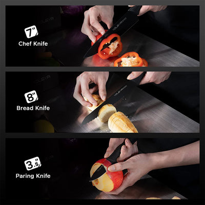 YOLEYA 15Pc Kitchen Steel Knife Set w/ Block and Non Stick Coating (Open Box) - VMInnovations