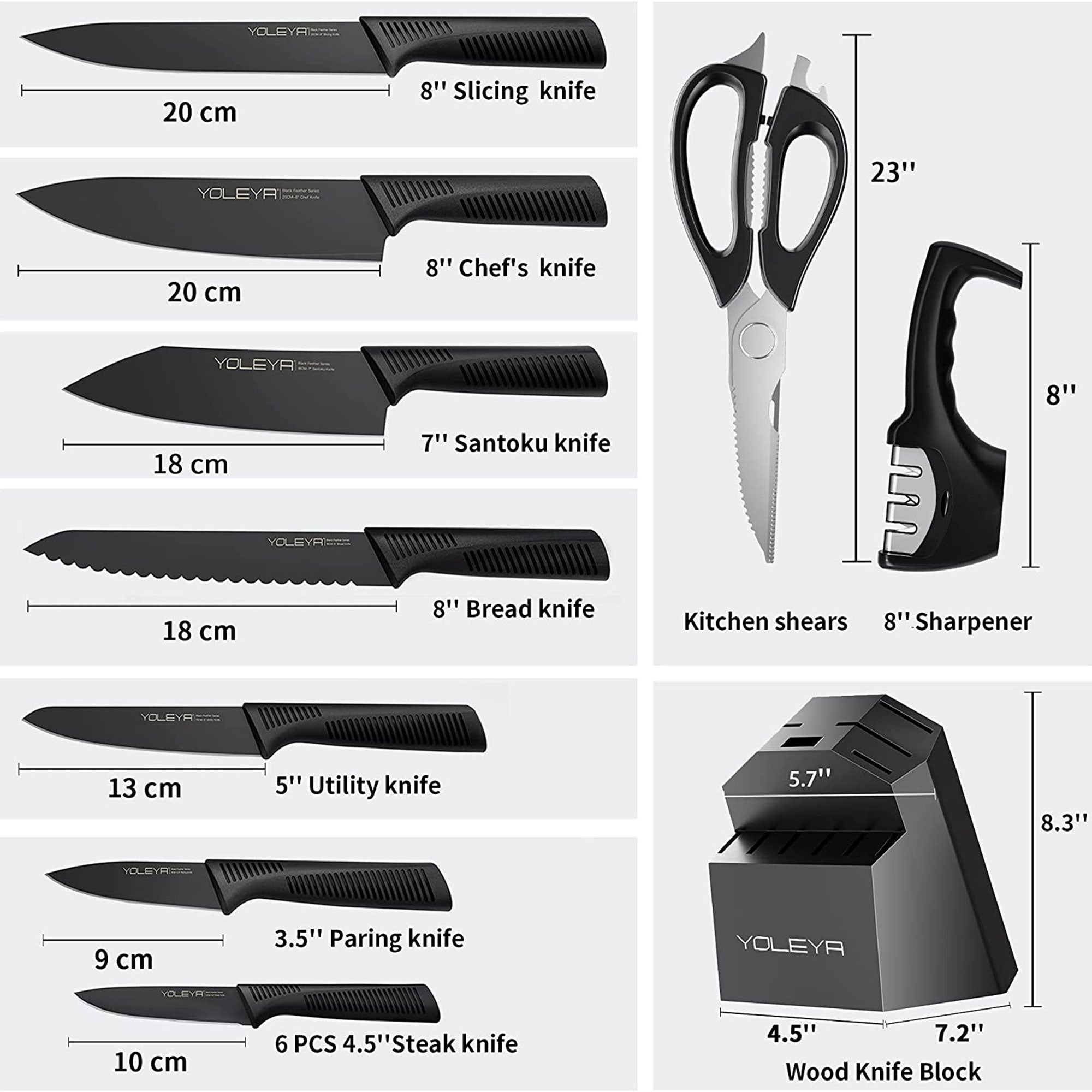 YOLEYA 15Pc Kitchen Steel Knife Set w/ Block and Non Stick Coating (Open Box) - VMInnovations