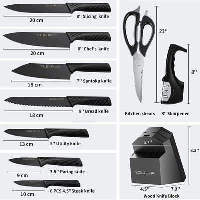 YOLEYA 15Pc Kitchen Steel Knife Set w/ Block and Non Stick Coating (Open Box) - VMInnovations