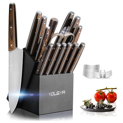 YOLEYA 15 pc Kitchen Stainless Steel Knife Set with Storage Block, Brown (Used)