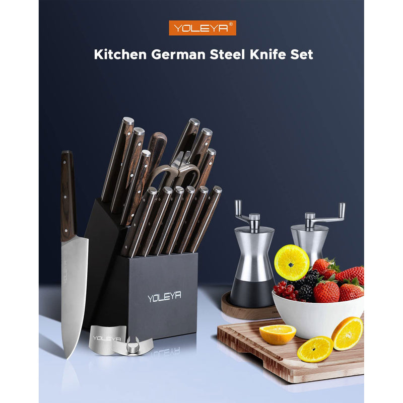 YOLEYA 15 pc Kitchen Stainless Steel Knife Set with Storage Block, Brown (Used)