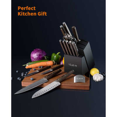 YOLEYA 15 pc Kitchen Stainless Steel Knife Set with Storage Block, Brown (Used)