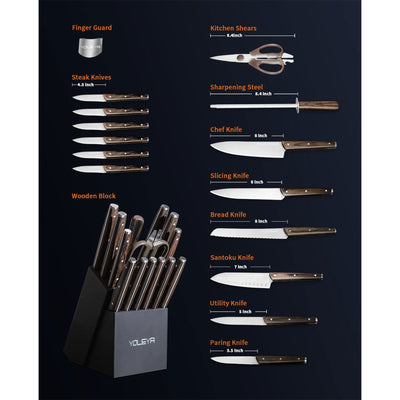 YOLEYA 15 pc Kitchen Stainless Steel Knife Set with Storage Block, Brown (Used) - VMInnovations