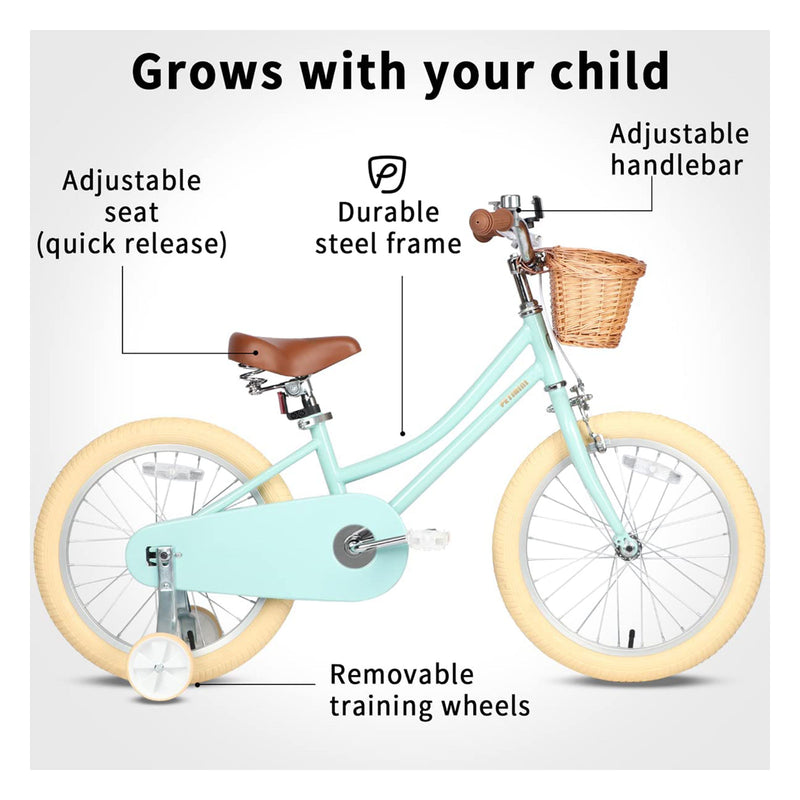 Petimini 18 Inch Child Bicycle w/ Kickstand, Basket, and Training Wheels, Mint