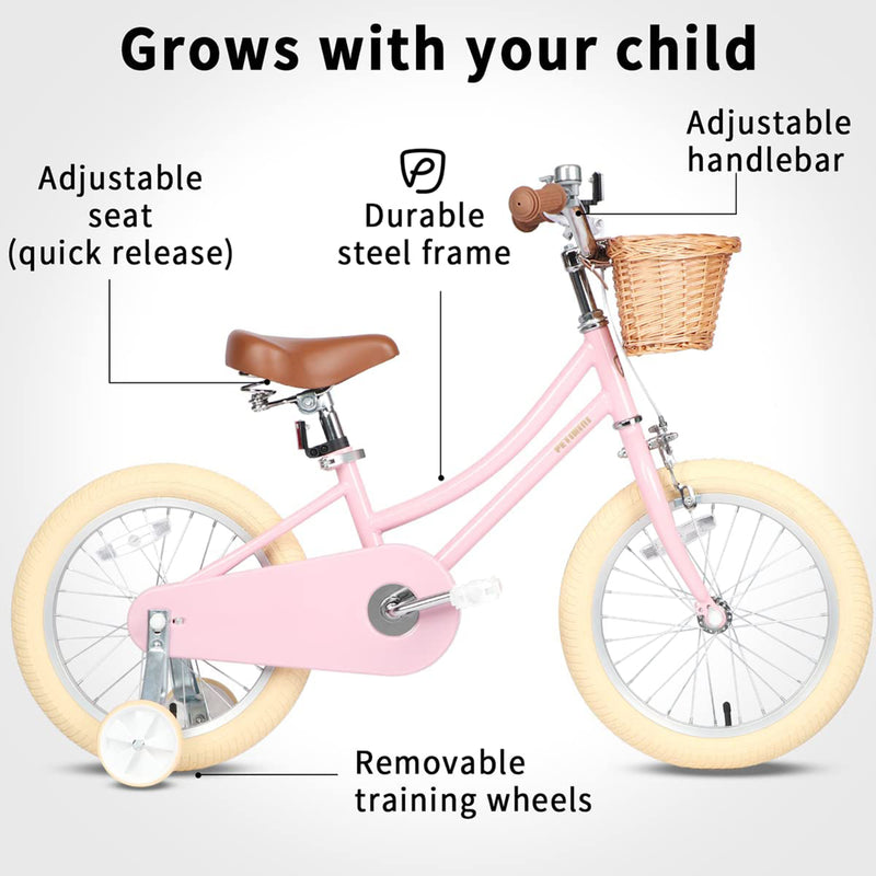 Petimini 18" Child Bicycle with Basket, Bell, and Training Wheels, Pink (Used)