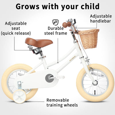 Petimini 14 Inch Child Bicycle with Basket, Bell, and Training Wheels, White