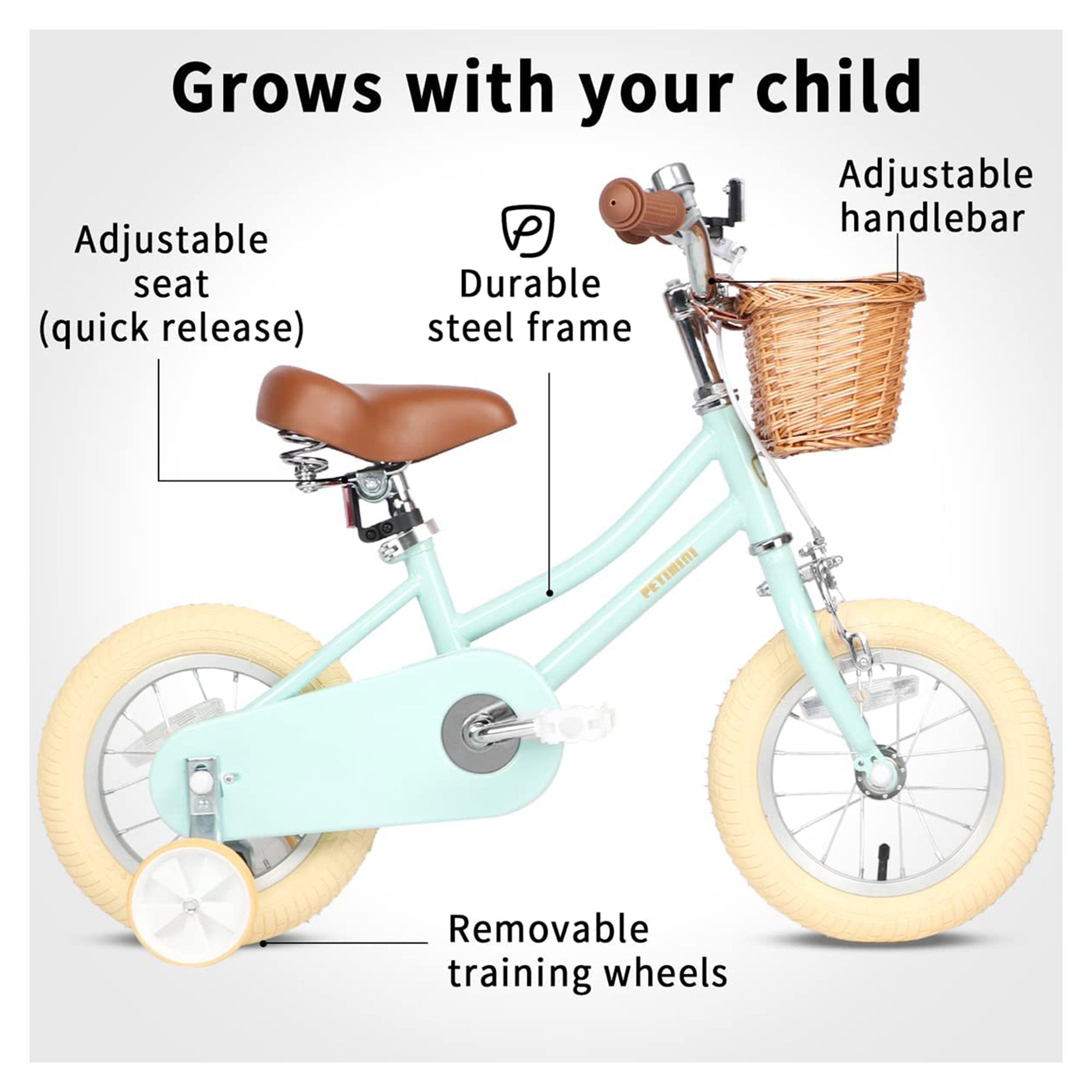 Petimini 14" Child Bicycle with Basket, Bell, and Training Wheels, Mint (Used) - VMInnovations
