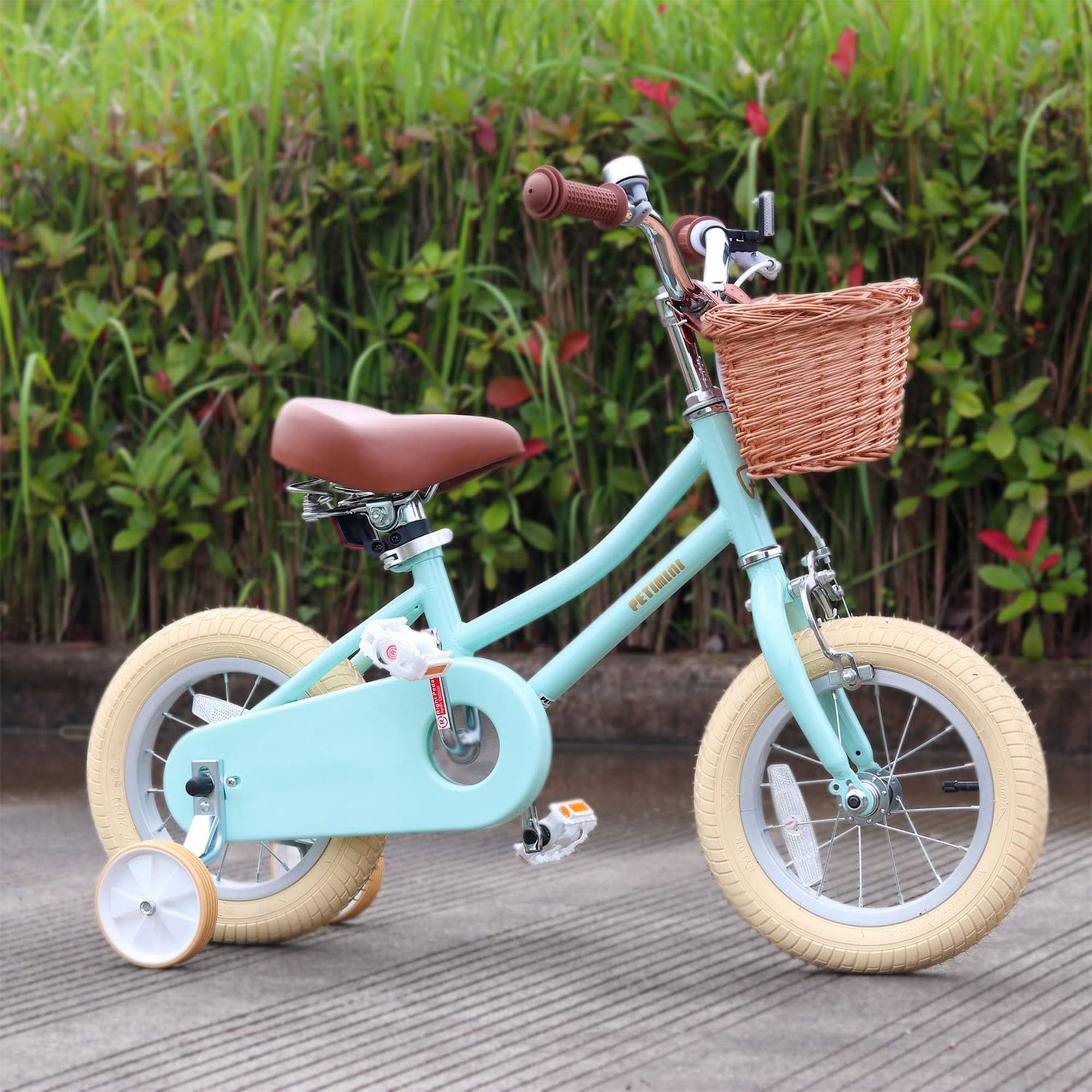 Petimini 14" Child Bicycle with Basket, Bell, and Training Wheels, Mint (Used) - VMInnovations