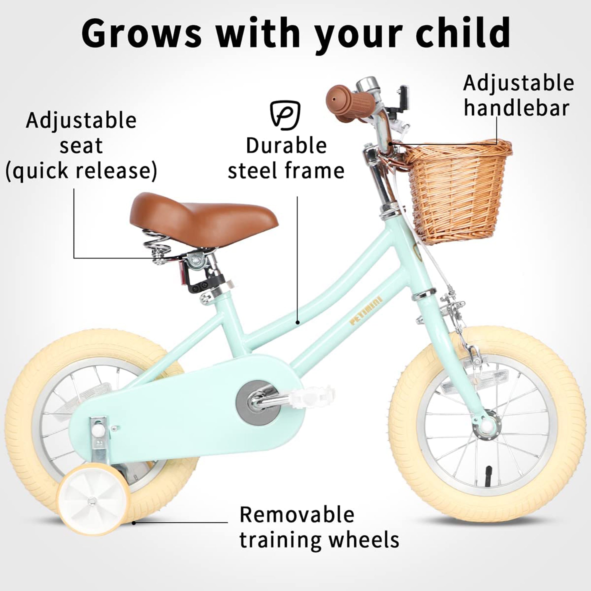 Petimini 12" Child Bicycle with Basket, Bell, & Training Wheels, Mint (Open Box) - VMInnovations