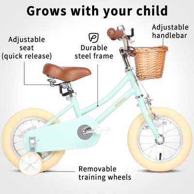 Petimini 12" Child Bicycle with Basket, Bell, & Training Wheels, Mint (Open Box) - VMInnovations