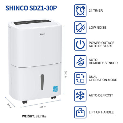 Shinco SDZ1-30P 1500 Square Feet Portable Home Dehumidifier, 30 Pints, White