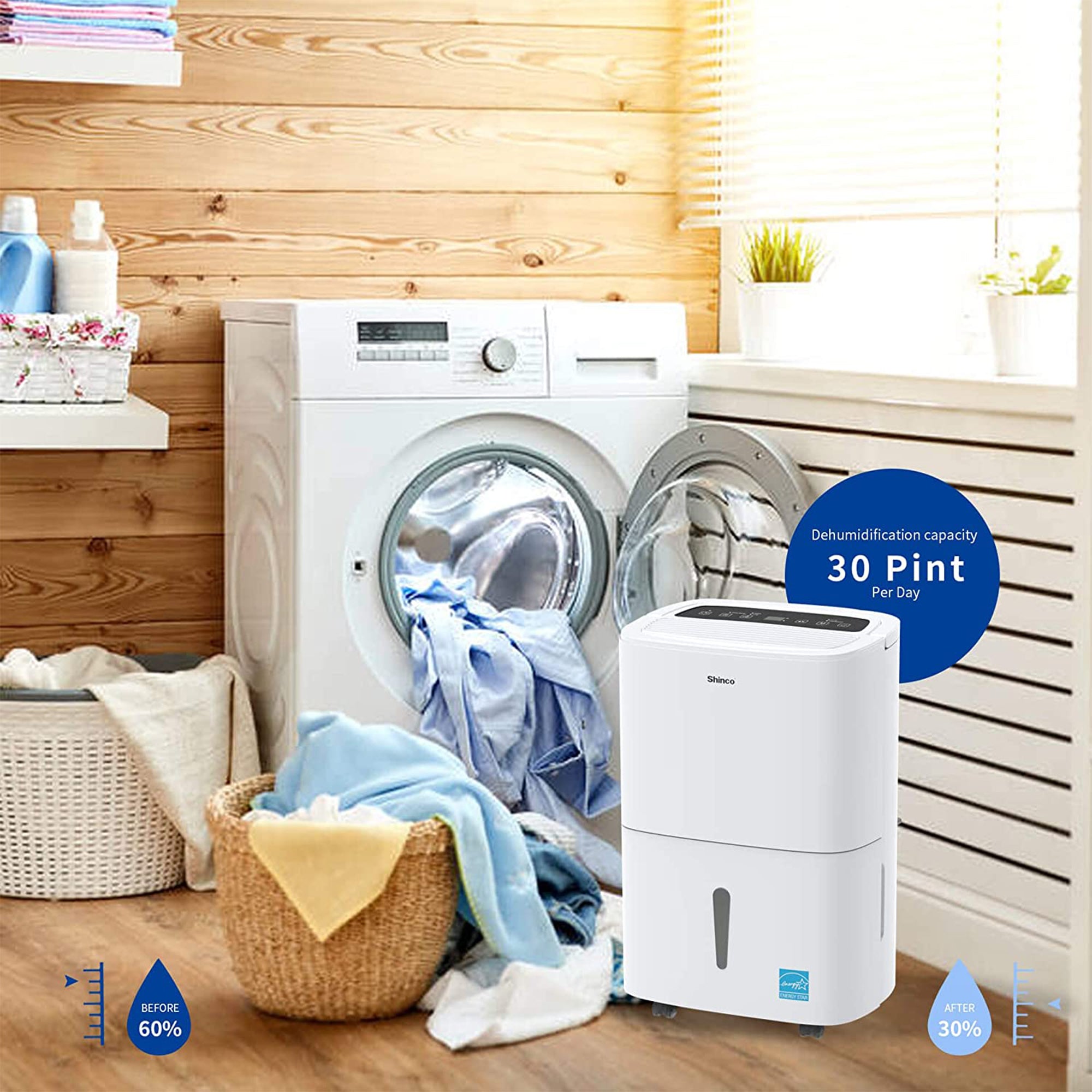 Shinco SDZ1-30P 1500 Square Feet Portable Home Dehumidifier, 30 Pints, White