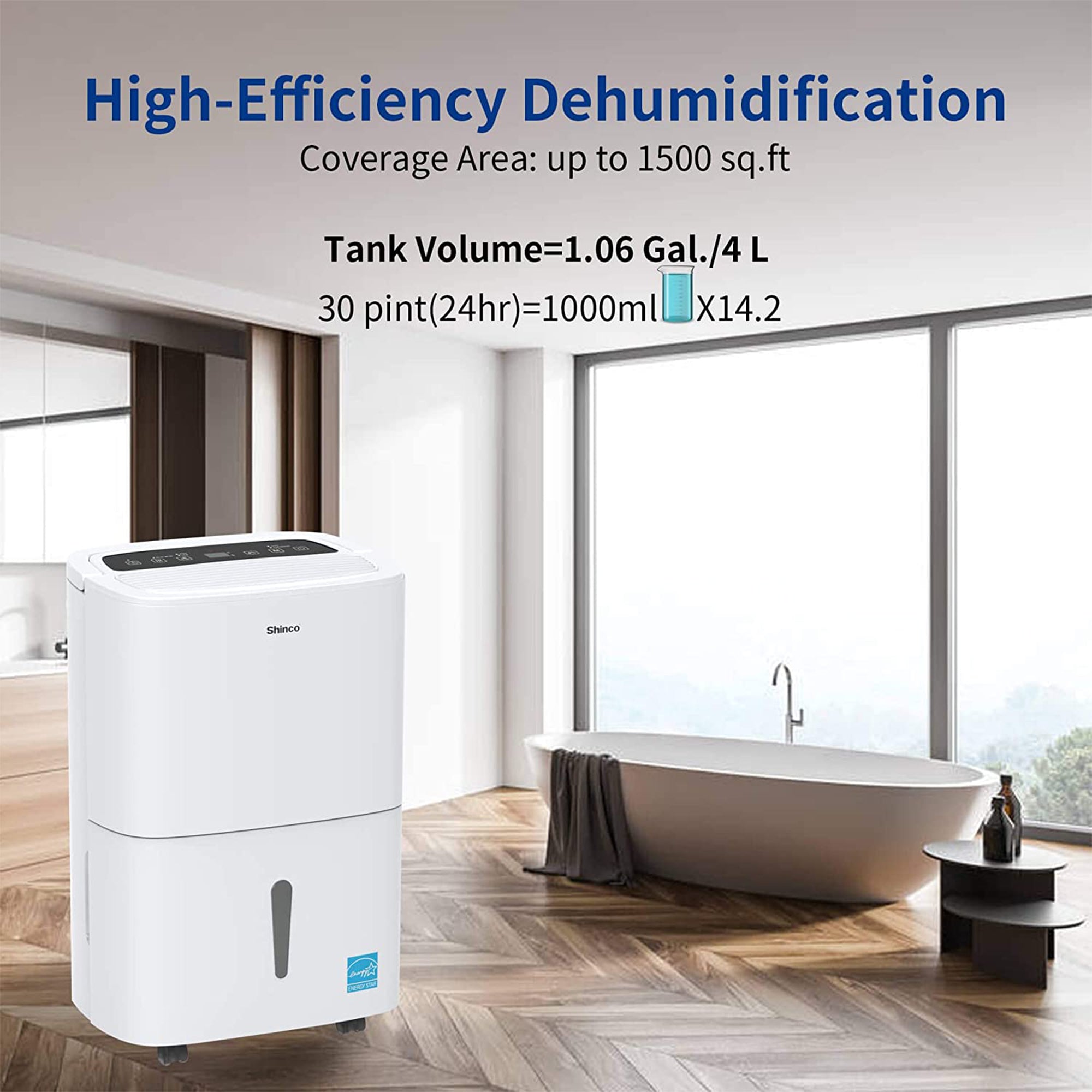 Shinco SDZ1-30P 1500 Square Feet Portable Home Dehumidifier, 30 Pints, White